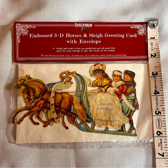 NEW Old Stock Victorian embossed 3D Christmas card sleigh horses greeting card - Picture 2 of 6